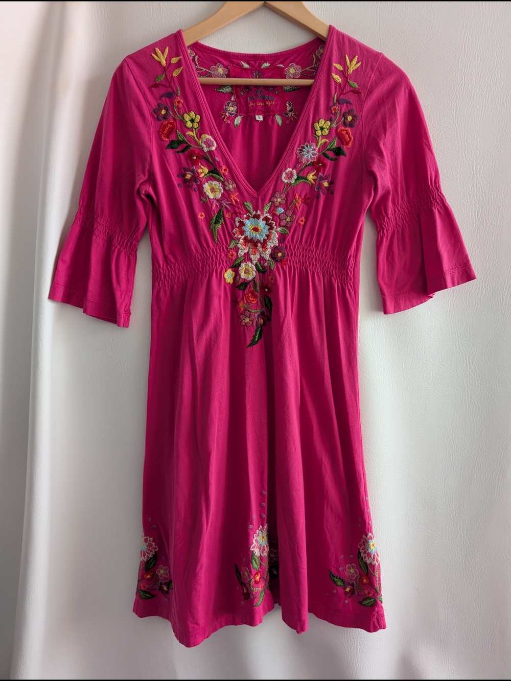 Johnny Was JWLA Pink Cotton Embroidered Floral V-Neck Dress - S